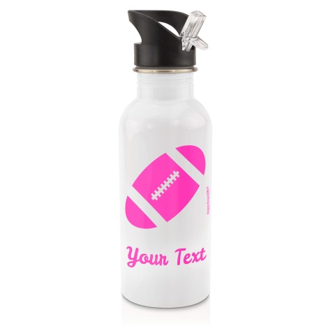 in White (600ml) with Drinking Straw (Rugby Icon) - Fuchsia Pink (Personalised with Text)