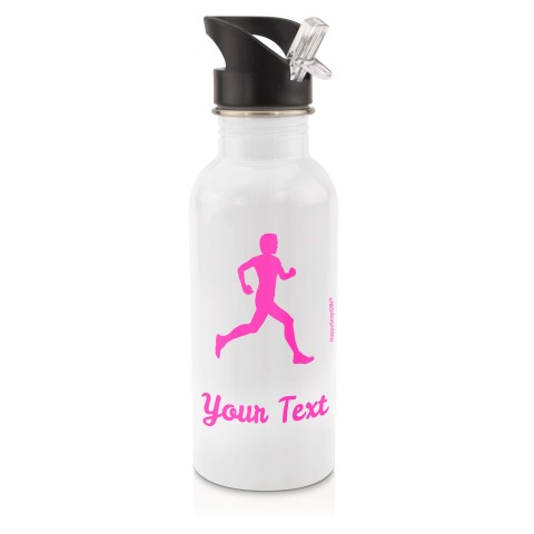 in White (600ml) with Drinking Straw (Running Icon) - Fuchsia Pink (Personalised with Text)