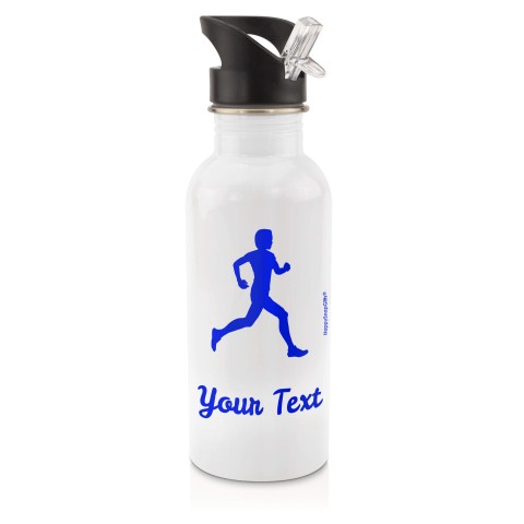 in White (600ml) with Drinking Straw (Running Icon) - Royal Blue (Personalised with Text)