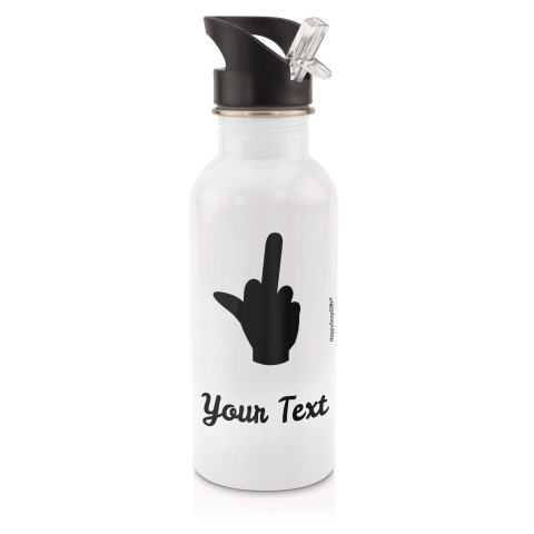 in White (600ml) with Drinking Straw (Single Finger Icon) - Black (Personalised with Text)