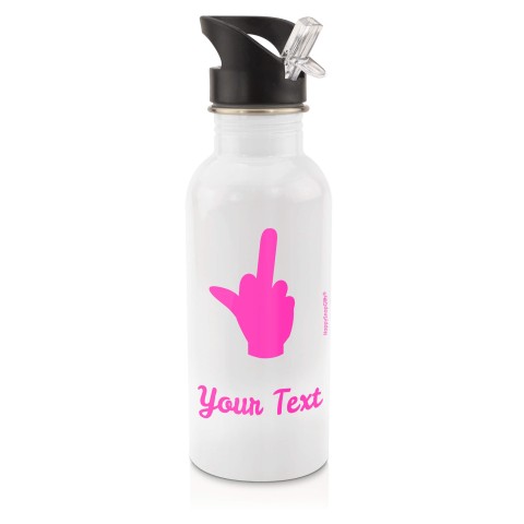 in White (600ml) with Drinking Straw (Single Finger Icon) - Fuchsia Pink (Personalised with Text)
