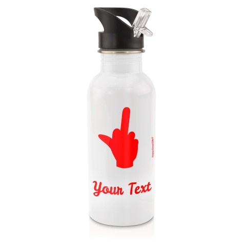 in White (600ml) with Drinking Straw (Single Finger Icon) - Red (Personalised with Text)