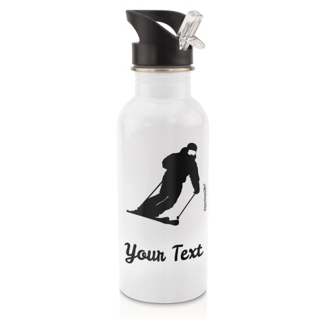 in White (600ml) with Drinking Straw (Skiing Icon) - Black (Personalised with Text)