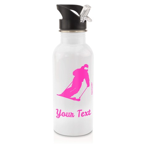 in White (600ml) with Drinking Straw (Skiing Icon) - Fuchsia Pink (Personalised with Text)