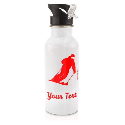 in White (600ml) with Drinking Straw (Skiing Icon) - Red (Personalised with Text)