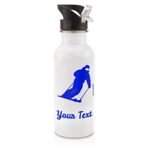 in White (600ml) with Drinking Straw (Skiing Icon) - Royal Blue (Personalised with Text)