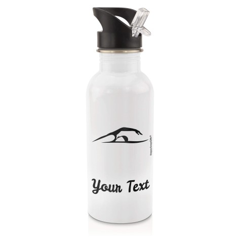 in White (600ml) with Drinking Straw (Swimming Icon) - Black (Personalised with Text)