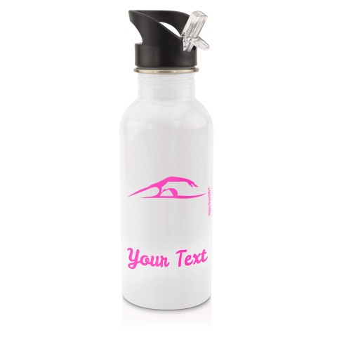 in White (600ml) with Drinking Straw (Swimming Icon) - Fuchsia Pink (Personalised with Text)