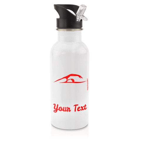 in White (600ml) with Drinking Straw (Swimming Icon) - Red (Personalised with Text)
