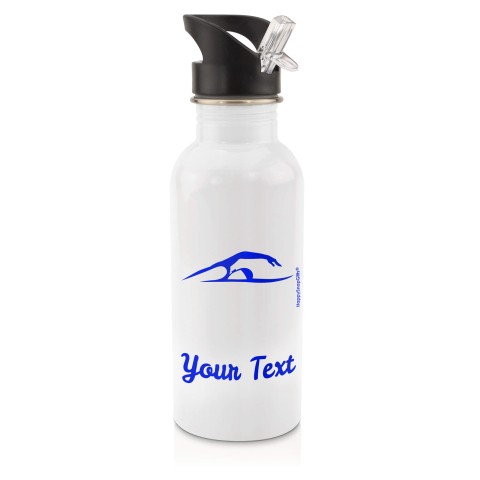 in White (600ml) with Drinking Straw (Swimming Icon) - Royal Blue (Personalised with Text)