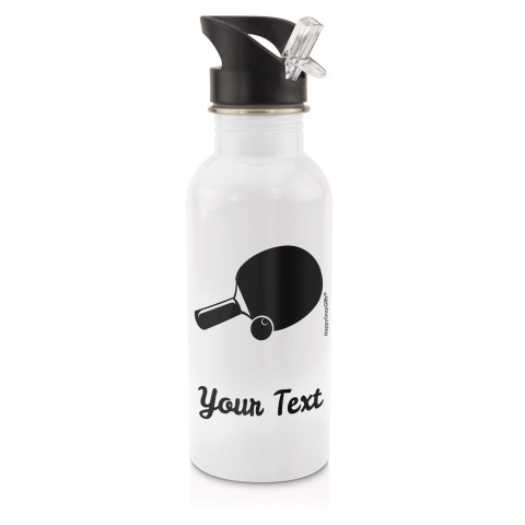 in White (600ml) with Drinking Straw (Table Tennis Icon) - Black (Personalised with Text)