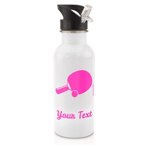 in White (600ml) with Drinking Straw (Table Tennis Icon) - Fuchsia Pink (Personalised with Text)