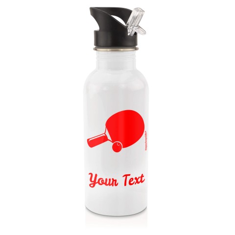 in White (600ml) with Drinking Straw (Table Tennis Icon) - Red (Personalised with Text)