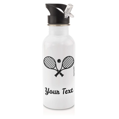 in White (600ml) with Drinking Straw (Tennis Icon) - Black (Personalised with Text)