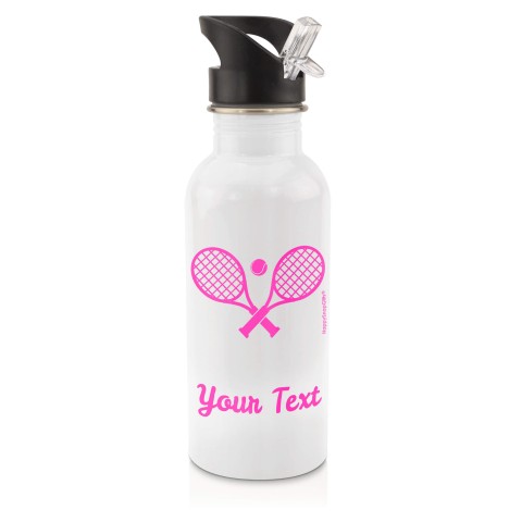 in White (600ml) with Drinking Straw (Tennis Icon) - Fuchsia Pink (Personalised with Text)