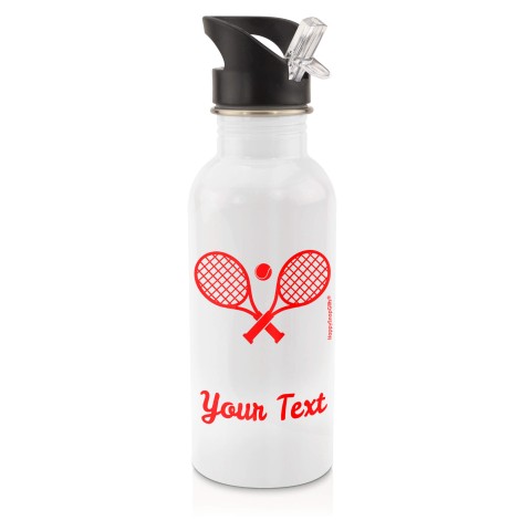in White (600ml) with Drinking Straw (Tennis Icon) - Red (Personalised with Text)