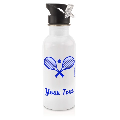 in White (600ml) with Drinking Straw (Tennis Icon) - Royal Blue (Personalised with Text)