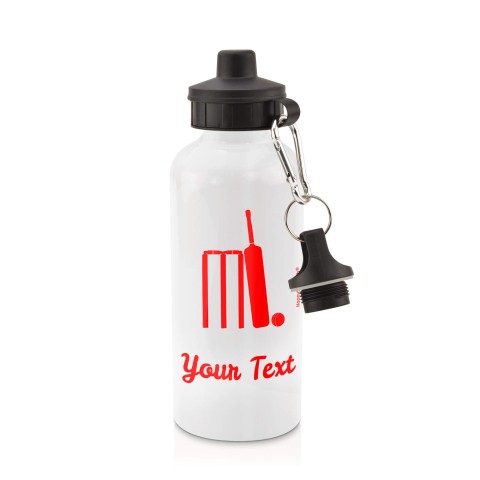 in White (600ml) with Screw Cap (Cricket Icon) - Red (Personalised with Text)