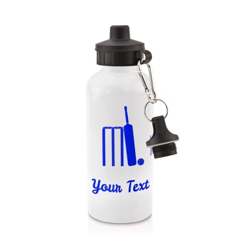 in White (600ml) with Screw Cap (Cricket Icon) - Royal Blue (Personalised with Text)