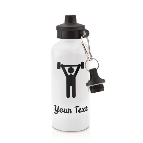 in White (600ml) with Screw Cap with Gym Icon - Black (Personalised with Text)