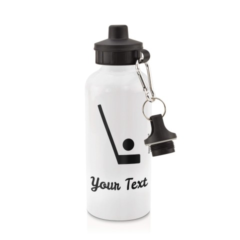 in White (600ml) with Screw Cap (Hockey Icon) - Black (Personalised with Text)