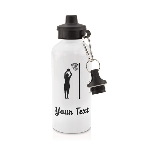 in White (600ml) with Screw Cap (Netball Icon) - Black (Personalised with Text)