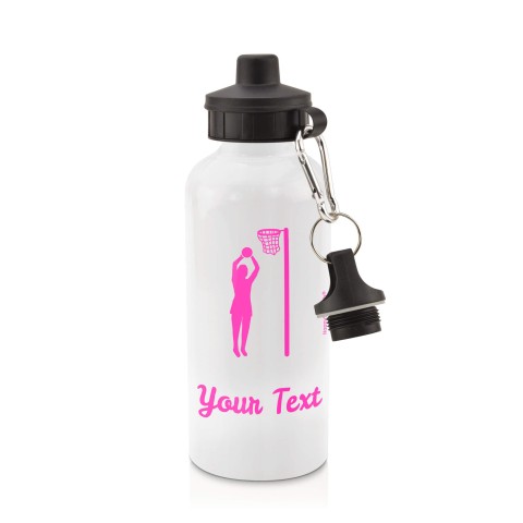 in White (600ml) with Screw Cap (Netball Icon) - Fuchsia Pink (Personalised with Text)