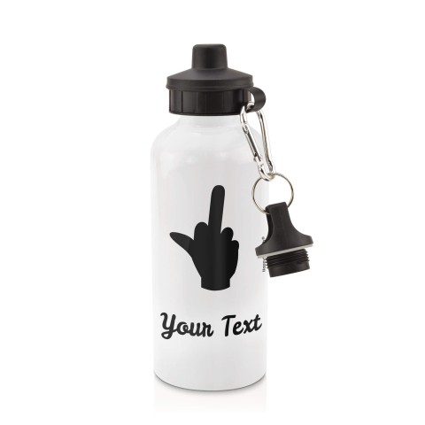 in White (600ml) with Screw Cap (Single Finger Icon) - Black (Personalised with Text)