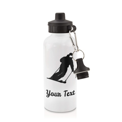 in White (600ml) with Screw Cap (Skiing Icon) - Black (Personalised with Text)
