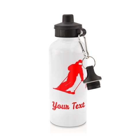in White (600ml) with Screw Cap (Skiing Icon) - Red (Personalised with Text)