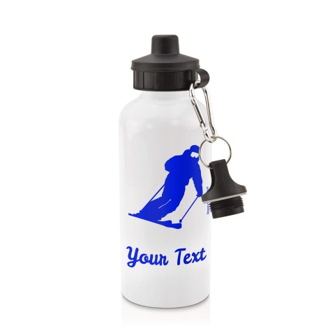 in White (600ml) with Screw Cap (Skiing Icon) - Royal Blue (Personalised with Text)