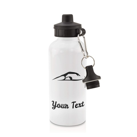 in White (600ml) with Screw Cap (Swimming Icon) - Black (Personalised with Text)