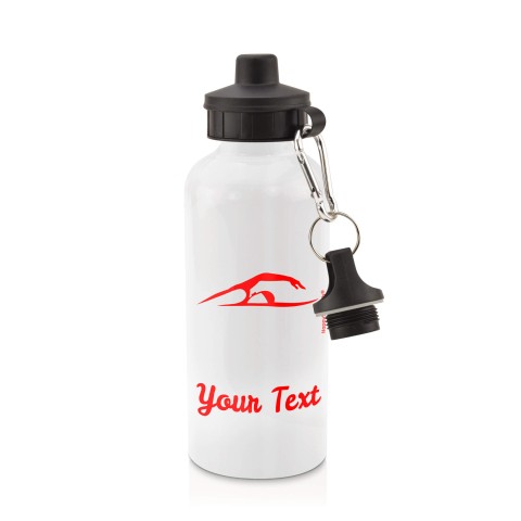 in White (600ml) with Screw Cap (Swimming Icon) - Red (Personalised with Text)