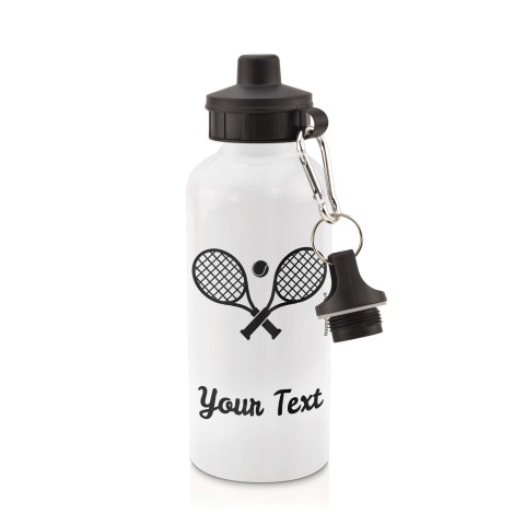 in White (600ml) with Screw Cap (Tennis Icon) - Black (Personalised with Text)