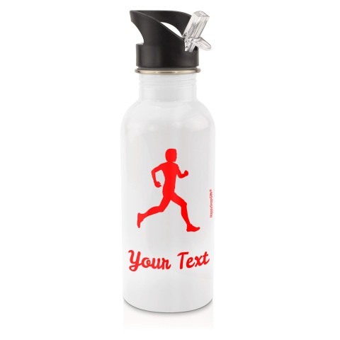 in White (600ml) with Drinking Straw (Running Icon) - Red (Personalised with Text)