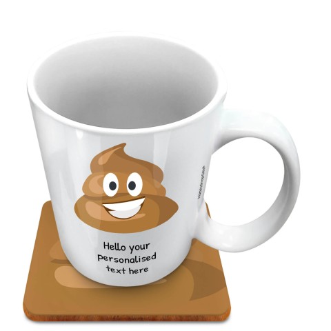 (10oz White) - Happy Poo (Optional Personalised Gift Text) with 1 matching Square Coaster