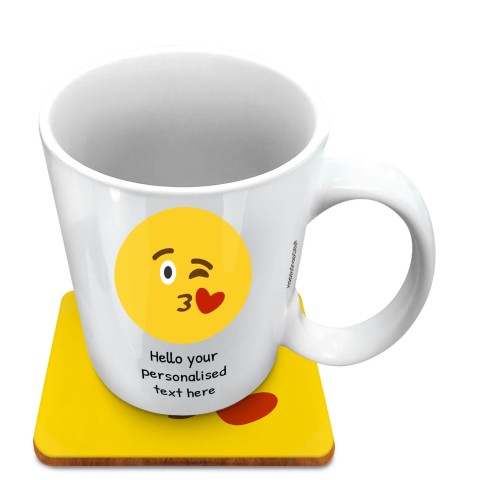 (10oz White) - Kiss with a Wink (Optional Personalised Gift Text) with 1 matching Square Coaster