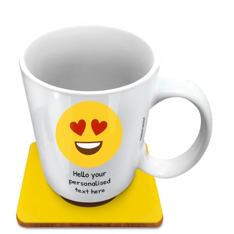 (10oz White) - Love Heart Eyes (Optional Personalised Gift Text) with 1 matching Square Coaster