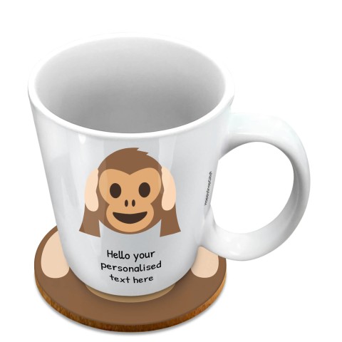 (10oz White) - Hear no Evil Monkey (Optional Personalised Gift Text) with 1 matching Circular Coaster