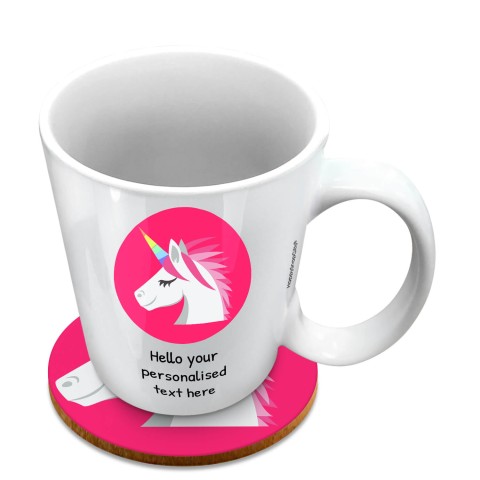 (10oz White) - Unicorn (Optional Personalised Gift Text) with 1 matching Circular Coaster