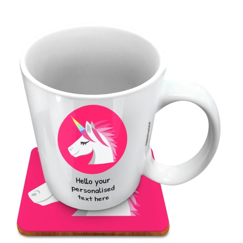 (10oz White) - Unicorn (Optional Personalised Gift Text) with 1 matching Square Coaster