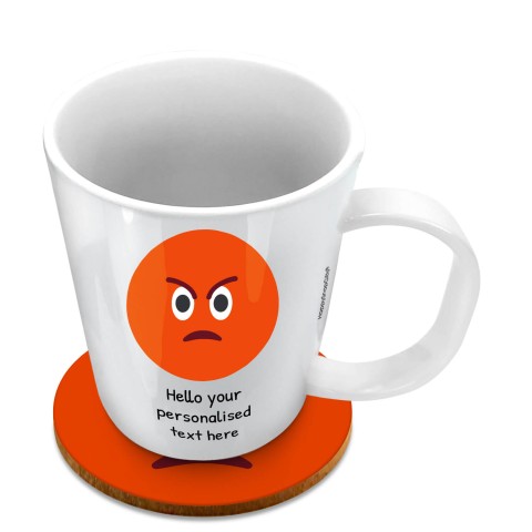 (11oz White) - Angry Face (Optional Personalised Gift Text) with 1 matching Circular Coaster