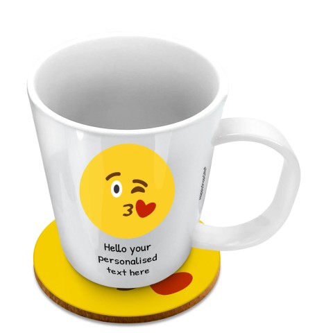 (11oz White) - Kiss with a Wink (Optional Personalised Gift Text) with 1 matching Circular Coaster