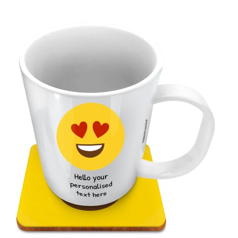 (11oz White) - Love Heart Eyes (Optional Personalised Gift Text) with 1 matching Square Coaster