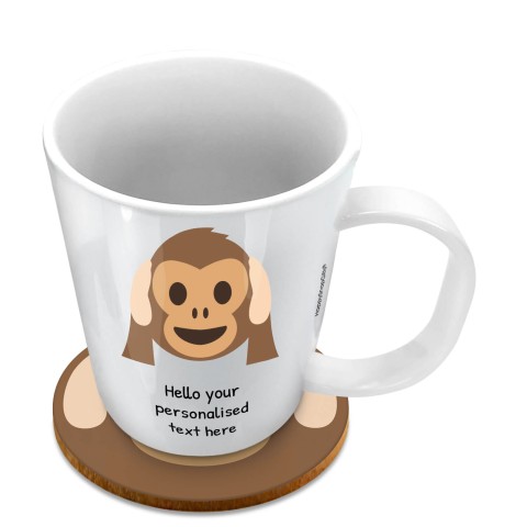 (11oz White) - Hear no Evil Monkey (Optional Personalised Gift Text) with 1 matching Circular Coaster
