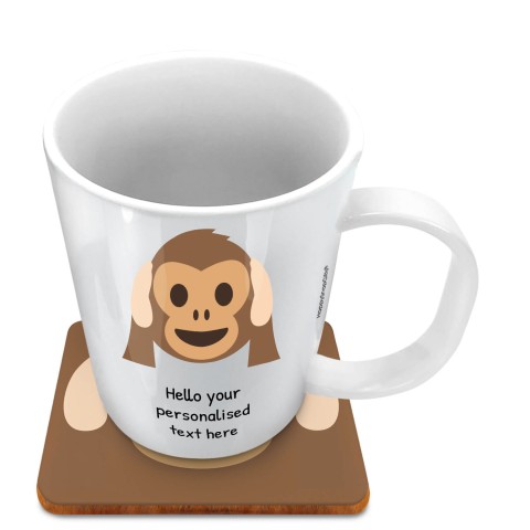(11oz White) - Hear no Evil Monkey (Optional Personalised Gift Text) with 1 matching Square Coaster