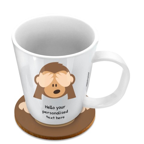 (11oz White) - See no Evil Monkey (Optional Personalised Gift Text) with 1 matching Circular Coaster