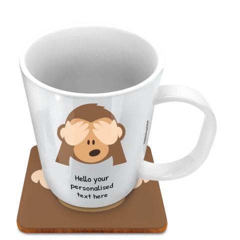 (11oz White) - See no Evil Monkey (Optional Personalised Gift Text) with 1 matching Square Coaster