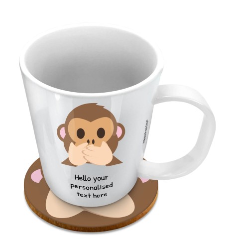 (11oz White) - Speak no Evil Monkey (Optional Personalised Gift Text) with 1 matching Circular Coaster