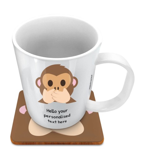 (11oz White) - Speak no Evil Monkey (Optional Personalised Gift Text) with 1 matching Square Coaster